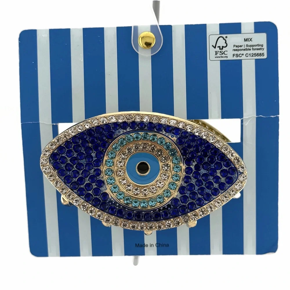 Piper K Evil Eye Hair Claw Clip Gold Tone Blue Silver Rhinestones